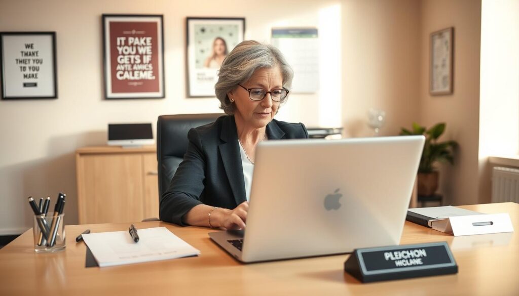 A well-lit corporate office setting, with a professional woman in her 50s sitting at a desk, focused on a laptop screen. The desk is adorned with stationery, a pen holder, and a name plate. On the wall behind her, there are framed motivational posters and a calendar. The lighting is warm and natural, creating a calm and productive atmosphere. The woman's body language exudes confidence and concentration, as she prepares for an important job interview. The scene captures the essence of a thoughtful, strategic approach to career advancement for the mature professional woman.