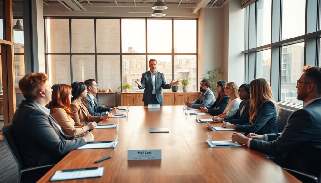 A well-lit corporate office setting with a wooden conference table in the center. A diverse group of professionals seated around the table, engaged in an introductory meeting. Natural light filters in through large windows, casting a warm glow on the scene. In the foreground, a suited executive stands at the head of the table, gesturing expressively as they deliver a welcoming introduction. Subtle details like name plates, notepads, and pens on the table add to the sense of professionalism. The overall atmosphere is one of positivity, collaboration, and a fresh start.