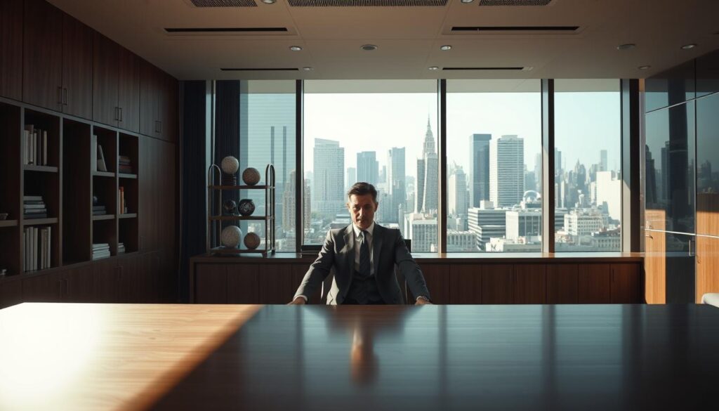 A well-lit corporate office, with a large desk occupying the foreground. Behind the desk, a figure in a professional suit symbolizes the Commissioner, radiating an air of authority. The middle ground showcases a bookshelf and decorative elements, reflecting the Commissioner's domain of influence. In the background, a panoramic window offers a glimpse of a bustling cityscape, hinting at the broader scope of the Commissioner's responsibilities. The lighting is crisp and directional, casting subtle shadows that convey a sense of structure and hierarchy. The overall atmosphere is one of measured power, tempered by the constraints of the Commissioner's role.