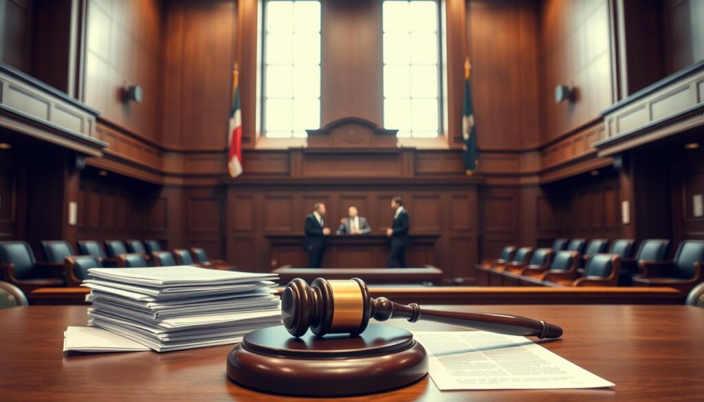 A well-lit courtroom with a raised judge's bench, wooden paneling, and a large open space in the middle. In the foreground, a stack of legal documents and a gavel resting on a table, conveying the idea of legal precedents and court rulings. The middle ground features a trio of figures, representing plaintiff, defendant, and legal counsel, engaged in a thoughtful discussion. The background shows tall windows allowing natural light to filter in, creating a sense of transparency and impartiality. The overall atmosphere is one of serious deliberation, with a focus on the key points and legal principles that have emerged from past court decisions.