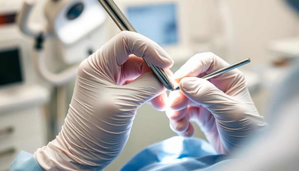 A well-lit dental office setting with a focused closeup view of a dentist's hands performing a delicate dental procedure. The hands should be wearing surgical gloves and wielding precise dental tools like a dental drill, mirror, and explorer. The background should be blurred, highlighting the intricate manual dexterity required for advanced dental work. Convey a sense of technical precision, medical expertise, and attention to detail essential for skilled dental care.