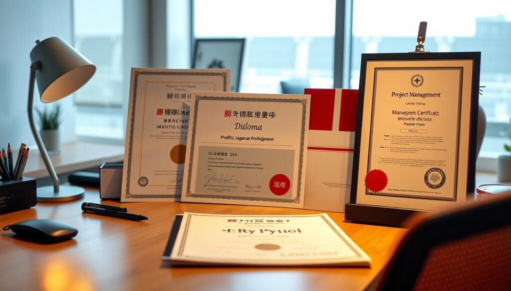 A well-lit desk featuring a diverse array of professional certifications and licenses, including a Japanese language proficiency certificate, a graphic design diploma, and a project management credential. The foreground showcases these achievements in a clean, organized manner, while the background depicts a serene office environment with minimalist decor and warm, directional lighting from a large window. The overall mood conveys a sense of accomplishment, expertise, and the importance of continuous learning and skill development for a design professional.