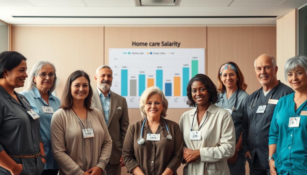 A well-lit, detailed comparison of home care worker salaries across different regions, demographics, and job roles. The foreground features several home care workers of diverse ages and backgrounds, each with a salary tag prominently displayed. The middle ground shows a bar chart or infographic visualizing the salary data, with clear labels and statistics. The background depicts a warm, professional office setting with clean lines, neutral tones, and subtle patterns to create a sense of authority and reliability. The overall mood is informative and data-driven, with a touch of humanity to represent the important work of home care professionals.