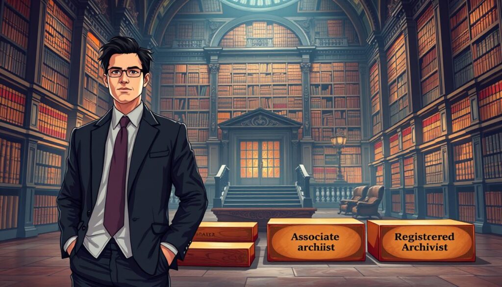 A well-lit, detailed illustration depicting the career path of an archivist. In the foreground, a professional archivist, dressed in a formal suit, stands before a grand, ornate archival repository, conveying a sense of authority and expertise. In the middle ground, a series of stepping stones representing the progressive stages of an archivist's career - from a junior "associate archivist" to a seasoned "certified archivist" and finally, a respected "registered archivist". The background features a majestic, old-world library, with towering shelves of historical records, illuminated by warm, golden lighting, creating an atmosphere of scholarly tradition and preservation.