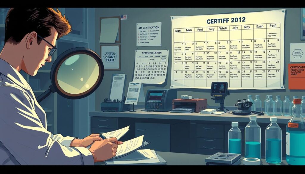 A well-lit, detailed illustration depicting the process of a professional film developer attaining certification. In the foreground, a person in a lab coat examines film negatives under a large, illuminated magnifier. In the middle ground, they fill out paperwork and study training materials. In the background, an array of photographic equipment, chemicals, and a large calendar highlighting key certification exam dates. The scene conveys the technical expertise, attention to detail, and dedicated study required to become a qualified film developer.