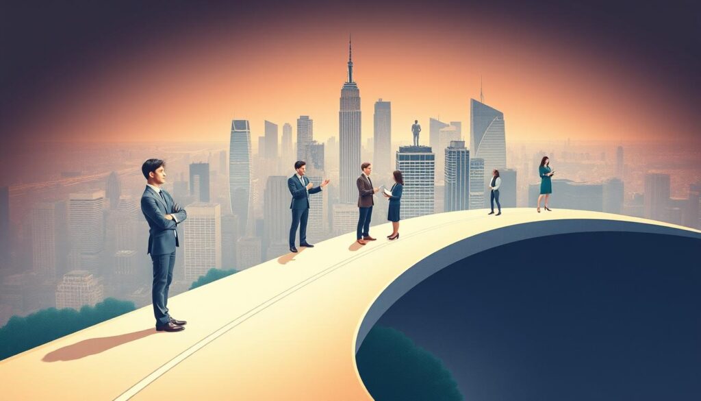 A well-lit, detailed illustration of a consultant's career path, showcasing various stages and opportunities. A foreground of a young professional in a crisp suit, standing confidently at a crossroads, evaluating different paths. In the middle ground, visualize senior consultants engaged in high-level strategy meetings, presenting to clients, and mentoring junior staff. The background should depict a bustling city skyline, conveying the dynamic, fast-paced nature of the consulting industry. Incorporate clean, minimalist design elements and a color palette that evokes professionalism and growth. Capture the essence of a thriving, multifaceted consulting career through this comprehensive, visually compelling image.