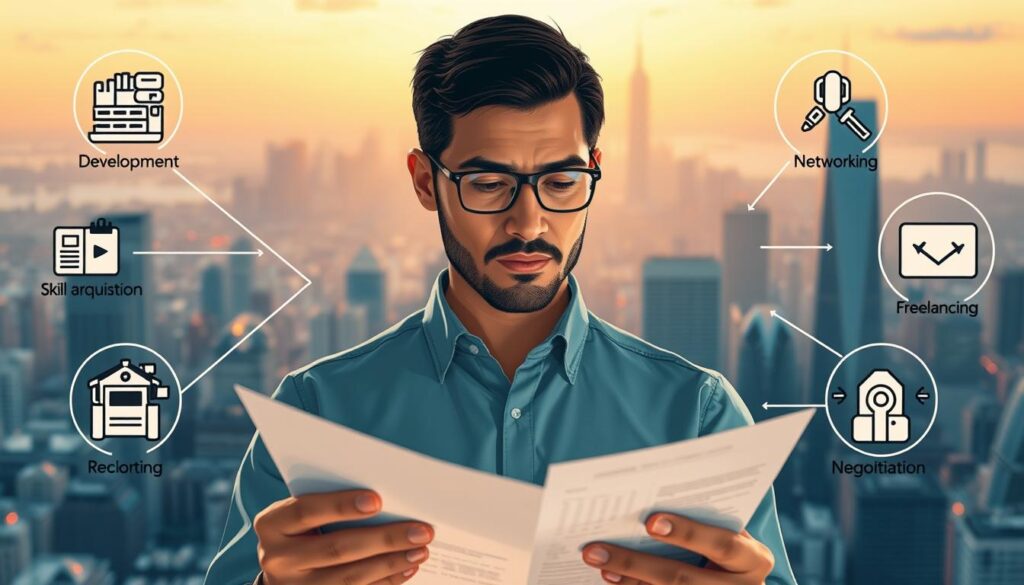 A well-lit, detailed illustration of five key strategies for a conceptual designer to increase their annual income. In the foreground, a conceptual designer reviewing financial documents with a pensive expression, surrounded by icons representing career development, skill acquisition, networking, freelancing, and negotiation tactics. The middle ground features a panorama of a modern city skyline, symbolizing the potential for career growth and higher earning potential. The background is softly lit, with a warm color palette evoking a sense of ambition and prosperity. The overall composition conveys a professional, aspirational tone to inspire the viewer to consider practical steps towards achieving a higher salary as a conceptual designer.