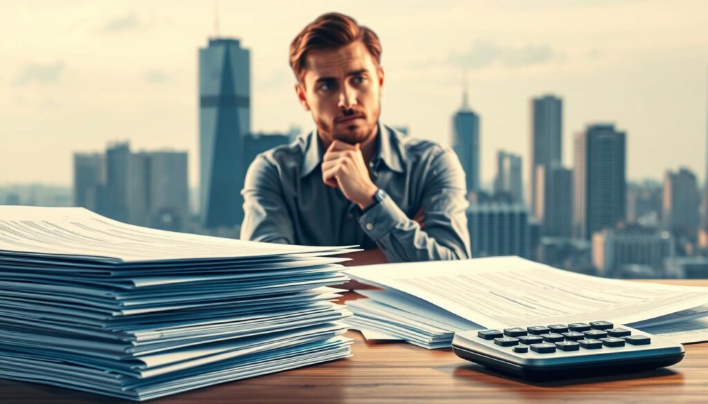 A well-lit, detailed illustration of the financial risks and mitigation strategies related to residential taxes. In the foreground, a stack of tax documents and a calculator symbolize the complexities of tax planning. In the middle ground, a concerned individual contemplates their options, their expression conveying the weight of these fiscal responsibilities. In the background, a city skyline suggests the broader economic context. The lighting is soft and warm, creating an atmosphere of thoughtful introspection. The composition is balanced, with clean lines and a focus on the central figures, allowing the viewer to easily grasp the key concepts.