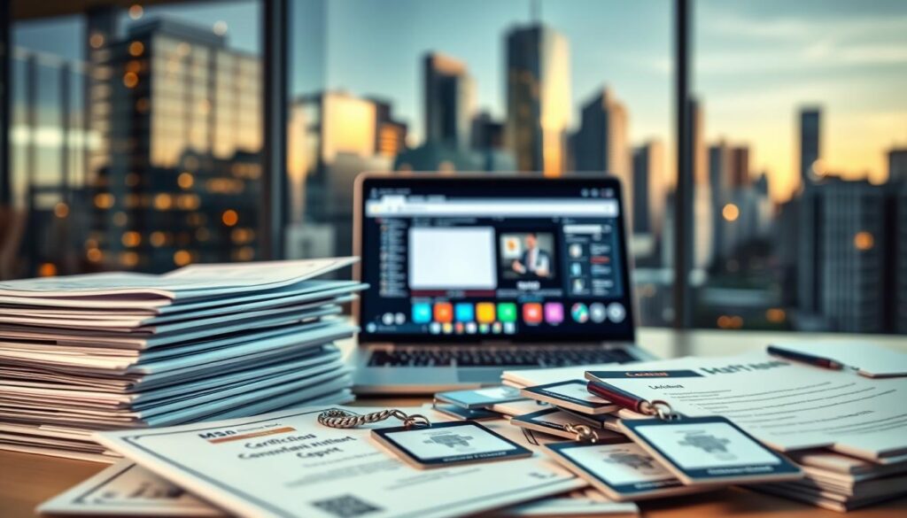 A well-lit, detailed illustration of various engineering certifications and qualifications, arranged in a visually appealing composition. In the foreground, a stack of technical manuals, certificates, and laminated ID cards, conveying the idea of professional accreditation. In the middle ground, a laptop or tablet displaying a virtual learning platform, suggesting ongoing training and education. In the background, a blurred cityscape with high-rise buildings, hinting at the corporate environment where these skills are applied. The overall mood is one of competence, expertise, and career advancement within the network engineering field.