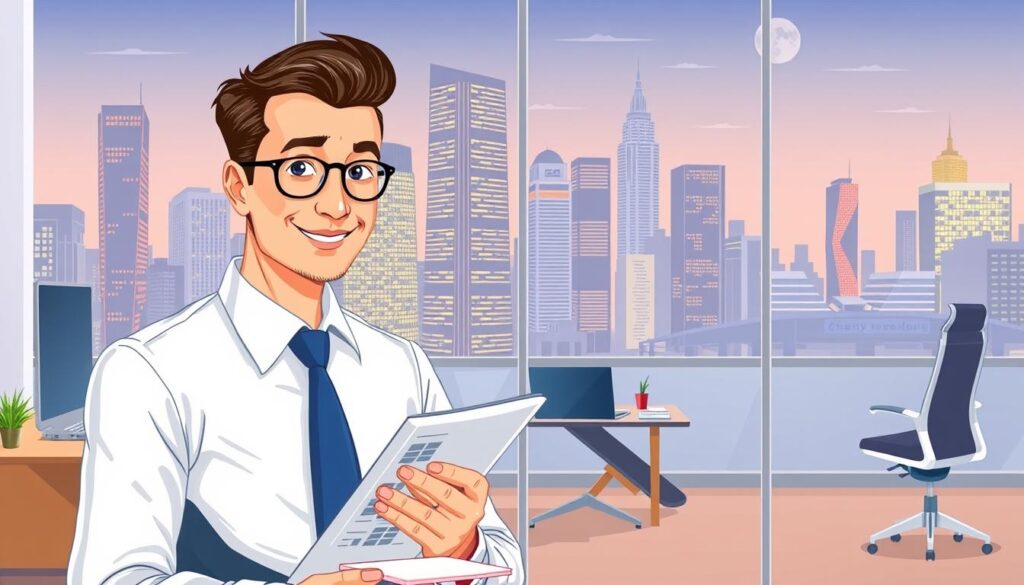 A well-lit, detailed illustration showcasing the annual income of an arranger. The foreground features a smartly-dressed professional with a neat hairstyle, holding financial documents and a calculator, conveying a sense of expertise and focus. The middle ground depicts a modern office setting with sleek furniture, a laptop, and an ergonomic chair, suggesting a comfortable and productive work environment. The background features a cityscape with towering skyscrapers, hinting at the arranger's influence and earning potential within the bustling urban landscape. The overall mood is one of prosperity, financial acumen, and the prestige associated with the arranger's craft.