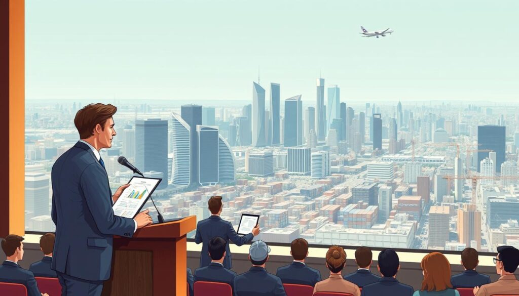 A well-lit, detailed illustration showcasing the career progression of a buyer. In the foreground, a professional in a smart suit stands at a podium, presenting data and insights to an audience. The middle ground features a bustling office environment, with buyers negotiating contracts, analyzing market trends, and collaborating with cross-functional teams. In the background, an expansive cityscape with skyscrapers and transportation hubs, symbolizing the global reach and influence of the buyer's role. The scene conveys the dynamic, high-stakes nature of the buyer's career, with a focus on strategic decision-making, communication skills, and adaptability to market changes.