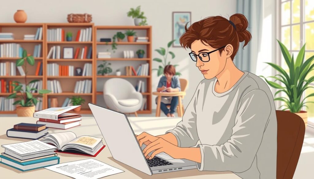A well-lit, detailed illustration showcasing various methods for upskilling during a career break. In the foreground, a person studies intently at a laptop, books and online courses scattered around them. In the middle ground, they engage in hands-on skill-building activities like coding, design, or language learning. The background depicts a serene, contemplative environment, with a bookshelf, potted plants, and natural light filtering in through a window. The overall mood is one of focus, productivity, and personal growth, conveying the value of utilizing idle time to enhance one's professional capabilities.