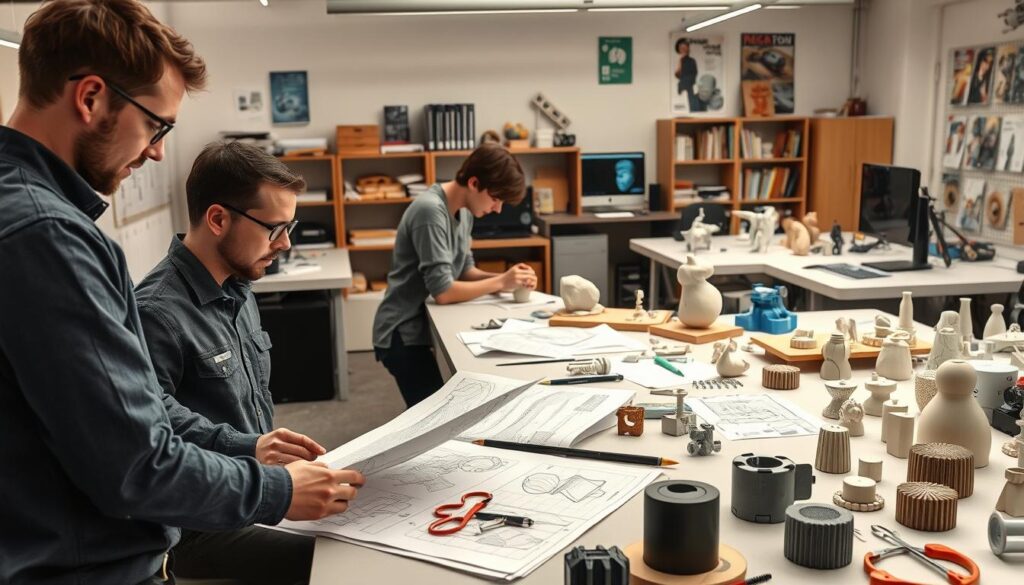 A well-lit, detailed industrial design studio with various tools, materials, and prototypes arranged on sleek, modern workbenches. In the foreground, a mechanical engineer examines technical drawings with focused precision, surrounded by an array of sketches, CAD models, and 3D-printed components. The middle ground features a designer sculpting a clay model, meticulously shaping the form with skilled hands. In the background, a computer station displays digital design software, while shelves hold reference books and design magazines. The overall atmosphere conveys a balance of analytical problem-solving and creative expression, showcasing the diverse skillset required for successful industrial design.