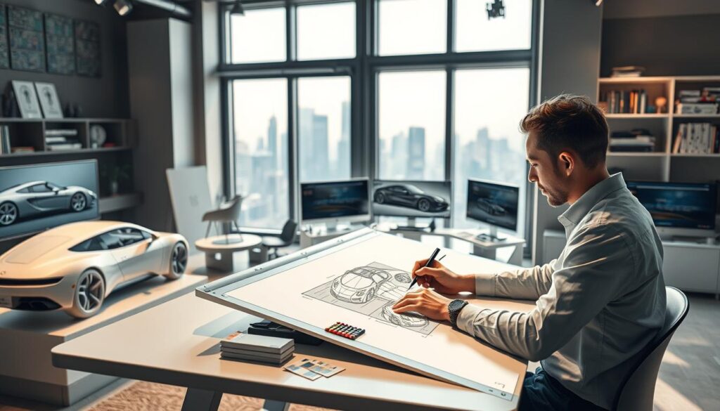 A well-lit, detailed interior studio scene depicting the process of becoming a car designer. In the foreground, a designer sits at a sleek, modern drafting table, intently sketching a luxury vehicle design with precision digital tools. Behind them, a large window offers a view of the city skyline, conveying the urban, innovative environment. In the middle ground, design models, color swatches, and computer screens showcase the different stages of the car design workflow. The background features shelves displaying automotive design history books and inspiration materials. The overall mood is one of focused creativity, technical expertise, and a passion for automotive design.