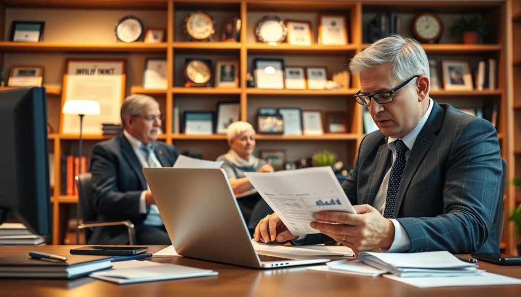 A well-lit, detailed office scene showcasing the key responsibilities of a financial planner. In the foreground, a professional sitting at a desk, meticulously reviewing financial documents and charts on a laptop. In the middle ground, a client meeting taking place, with the planner explaining investment strategies and retirement planning to a couple. The background features shelves of financial books, awards, and certifications, conveying the planner's expertise. Warm, focused lighting illuminates the scene, creating a sense of diligence and trust. The overall mood is one of competence, care, and a commitment to guiding clients towards financial security.