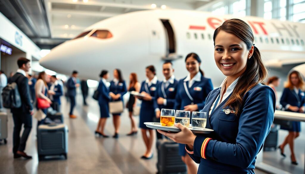 A well-lit, detailed scene depicting the career progression of a flight attendant. In the foreground, a flight attendant in a crisp uniform stands confidently, holding a tray of beverages. Behind them, a concourse bustles with travelers wheeling luggage and boarding aircraft. In the middle ground, a group of flight attendants in various stages of their careers - from new recruits to seasoned veterans - converse and assist passengers. The background features the gleaming fuselage of a commercial airliner, with the airline's logo prominently displayed. The scene conveys the dynamic, service-oriented nature of the flight attendant profession, with a focus on the multifaceted career path.