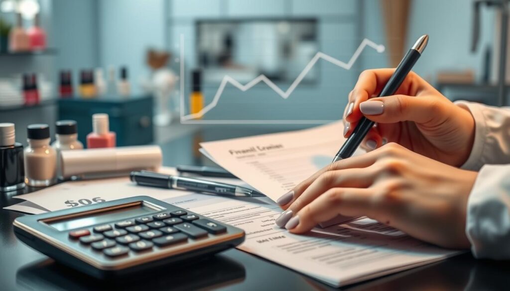A well-lit, detailed scene depicting the financial aspects of a nail technician's profession. In the foreground, a calculator, financial documents, and a hand holding a pen, symbolizing the calculation and record-keeping aspects of the job. In the middle ground, a stylized representation of a nail salon, with nail polish bottles, tools, and a manicure in progress. The background features a graph or chart illustrating the typical salary range and compensation structure for nail technicians, conveying the economic and financial considerations of the role. The overall mood is one of professionalism, attention to detail, and a focus on the business side of the nail care industry.