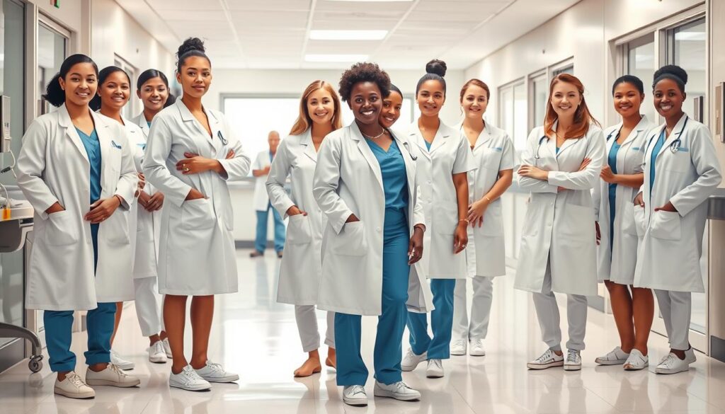 A well-lit, detailed scene of a professional healthcare setting, showcasing the attire and grooming standards expected of caregivers. Pristine white coats and scrubs, neatly pressed and tailored, worn by a diverse group of attentive nurses and aides. Polished shoes, minimal jewelry, and short, tidy hairstyles convey a sense of order and hygiene. The environment is clean and clinical, with gleaming medical equipment and a calming, neutral color palette. Soft, directional lighting illuminates the scene, emphasizing the importance of a tidy, professional appearance in the caregiving profession.