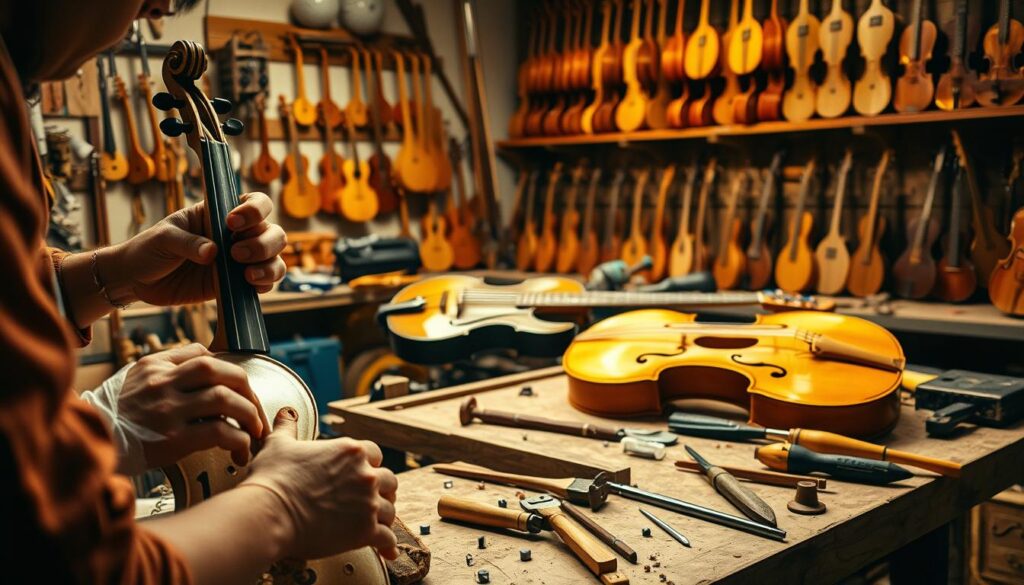 A well-lit, detailed workshop scene showcasing the challenges of instrument making. In the foreground, a luthier carefully shapes the wooden body of a violin, their hands skillfully navigating the intricate curves. Surrounding them, a variety of tools, chisels, and materials are neatly organized, hinting at the technical precision required. In the middle ground, a partially assembled guitar rests on a workbench, its various components awaiting meticulous assembly. The background reveals shelves stocked with an array of finished instruments, each a testament to the luthier's dedication and mastery. Warm, golden lighting bathes the scene, creating a contemplative atmosphere that captures the essence of the craft.