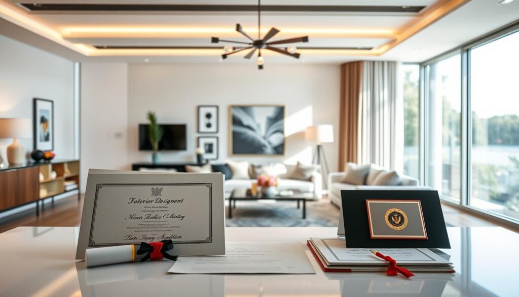 A well-lit, elegantly-composed interior design scene featuring the key qualifications and credentials required for an interior designer. In the foreground, diplomas, certifications, and awards are displayed on a sleek, modern desk, conveying the academic and professional achievements necessary for the role. In the middle ground, a tastefully-furnished living space showcases the designer's aesthetic sensibilities and technical skills, with carefully curated furnishings, textiles, and lighting fixtures. In the background, large windows offer a serene, natural backdrop, bathing the scene in warm, natural light and suggesting the importance of spatial awareness and an eye for detail in interior design. The overall mood is one of sophistication, expertise, and a commitment to excellence in the field.