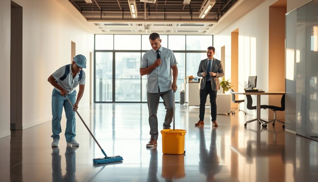 A well-lit, expansive scene showcasing the career progression of a professional cleaner. In the foreground, a young cleaner meticulously scrubs floors, their uniform crisp and pristine. The middle ground reveals a more experienced cleaner supervising a team, instructing on proper cleaning techniques. In the background, an executive-level cleaner manager oversees operations, coordinating schedules and budgets in a modern, streamlined office space. Warm, natural lighting illuminates the scene, conveying a sense of diligence, growth, and opportunity within the cleaning industry. The overall composition suggests a clear, attainable career path for skilled, dedicated cleaning professionals.