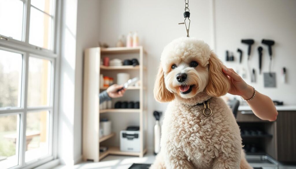 A well-lit grooming studio, with large windows allowing natural light to flood the space. In the foreground, a skilled professional groomer meticulously trims the coat of a fluffy poodle, using precision scissors and a specialized brush. The dog sits patiently, its expression calm and content. In the middle ground, shelves stocked with grooming supplies and tools, including shampoos, combs, and blow dryers. The background features a serene, minimalist decor, allowing the focus to remain on the grooming process. The overall atmosphere is one of quiet concentration and care, reflecting the expertise and dedication of the professional groomer.