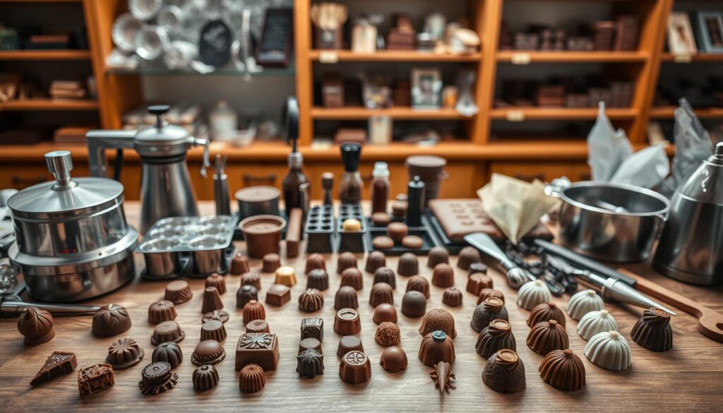A well-lit, high-angle photograph of a collection of chocolate-making tools and equipment on a wooden table. In the foreground, a variety of small chocolate confections, each delicately molded and decorated with intricate patterns. In the middle ground, various tools such as tempering machines, molds, and piping bags. In the background, shelves displaying a selection of artisanal chocolate bars and truffles. The scene conveys the precision, artistry, and technical expertise required of a professional chocolatier.