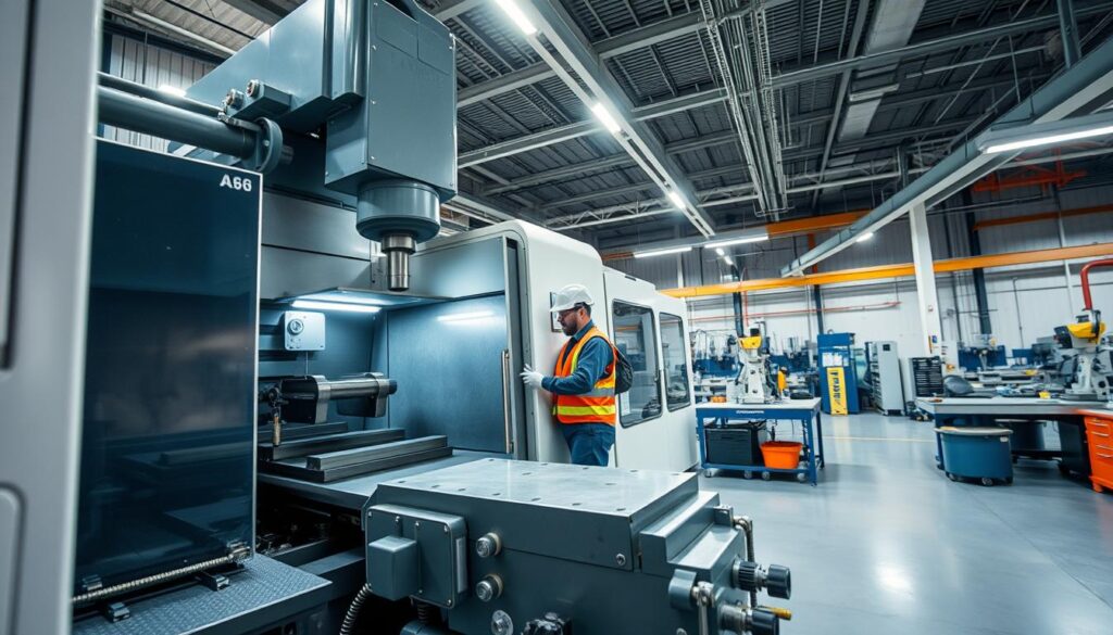 A well-lit, high-angle shot of a modern, clean and organized machine shop interior. In the foreground, a finely detailed CNC milling machine dominates the scene, its precision-engineered components gleaming under bright overhead lighting. In the middle ground, a skilled machinist in a protective safety suit operates the machine, their movements fluid and focused. The background features other industrial equipment and workstations, all neatly arranged and maintained, conveying a sense of professionalism and safety-conscious workplace culture. The overall atmosphere is one of efficiency, technological sophistication, and a strong emphasis on occupational health and safety.