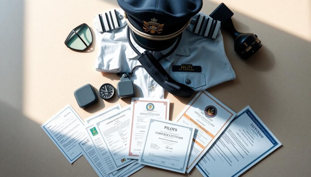 A well-lit, high-angle shot of a pilot's uniform, hat, and accessories arranged on a clean, neutral-colored surface. The uniform is crisp and neatly pressed, with epaulets, badges, and insignia prominently displayed. In the foreground, various pilot's licenses, certificates, and documents are carefully laid out, conveying the meticulous training and qualifications required to become a professional pilot. The lighting casts soft shadows, creating depth and emphasizing the tangible details of the pilot's gear. The overall tone is one of professionalism, dedication, and the rigorous standards necessary to attain a pilot's certification.