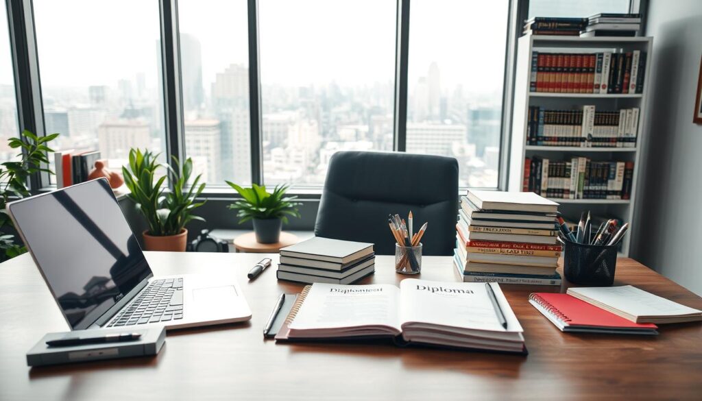 A well-lit, high-angle shot of a professional-looking desk with a laptop, a stack of books, a diploma frame, and various office supplies neatly arranged. In the background, a bookshelf filled with management and leadership titles, and a large window overlooking a cityscape. The overall atmosphere conveys a sense of expertise, diligence, and a commitment to continuous learning and development, reflecting the requirements for a director-level role.
