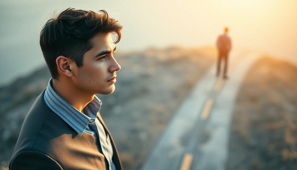 A well-lit, high-angle shot of a thoughtful individual standing at a crossroads, contemplating their career path. The foreground features the person, dressed in business attire, gazing pensively into the distance. The middle ground showcases two diverging pathways, one leading to a corporate office setting and the other to an entrepreneurial venture, symbolizing the decision at hand. The background is blurred, hinting at the uncertainty of the future, yet the lighting casts a warm, hopeful glow, suggesting the potential for a fulfilling career transition. The overall mood is one of reflection, determination, and a sense of carefully weighing options to craft a personalized career plan.