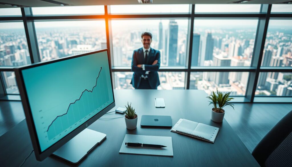 A well-lit, high-angle view of a modern office workspace. In the foreground, a computer monitor displays a graph showing an upward trend in annual income. On the desk, a pen, notepad, and a small potted plant create a sense of productivity. In the middle ground, a business person in a suit stands with arms crossed, exuding confidence. The background features a panoramic view of a bustling city skyline through large windows, conveying a sense of opportunity and growth. The overall mood is one of aspirational professionalism and career advancement.