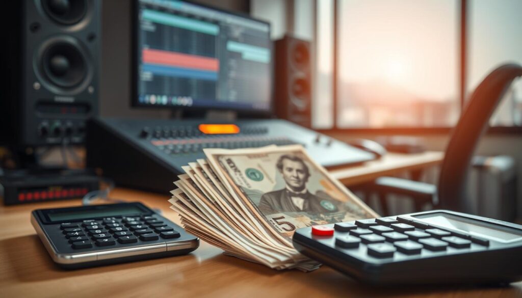A well-lit, high-contrast image depicting the typical income range for sound production professionals in Japan. The foreground shows a stack of yen bills and a calculator, symbolizing financial analysis and compensation. The middle ground features a computer workstation with audio software and equipment, representing the technical expertise required. The background has a blurred cityscape, hinting at the urban setting where many sound engineers are employed. The overall mood is one of precision, professionalism, and a focus on the business side of the audio industry.
