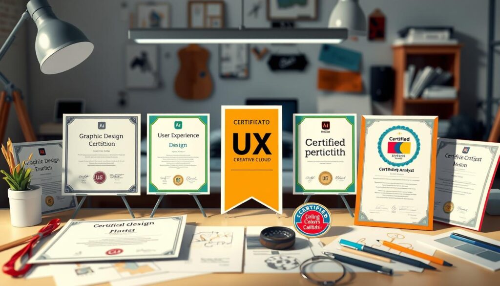 A well-lit, high-quality illustration showcasing various certificates and credentials relevant to the design profession. The foreground features prominent certifications such as Graphic Design, User Experience (UX) Design, and Adobe Creative Cloud proficiency. The middle ground includes industry-recognized badges like Certified Usability Analyst and Certified Color Consultant. The background subtly depicts a studio workspace with design tools, sketches, and a laptop, creating an atmosphere of professional development and career advancement for designers. The overall composition conveys the importance of continual learning and acquiring specialized skills to thrive in the dynamic design industry.