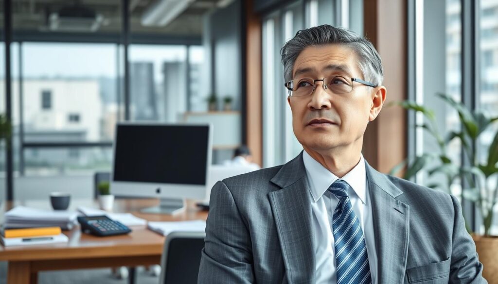 A well-lit, high-quality photograph of a corporate office setting, featuring a desk with a computer, various business documents, and a calculator. In the foreground, a middle-aged man dressed in a professional suit and tie, with a thoughtful expression, representing a licensed psychologist or counselor. The background should convey a sense of professionalism and success, with modern office decor and large windows providing natural lighting. The overall mood should be one of competence, authority, and financial stability, reflecting the typical annual earnings of a licensed psychologist or counselor in Japan.