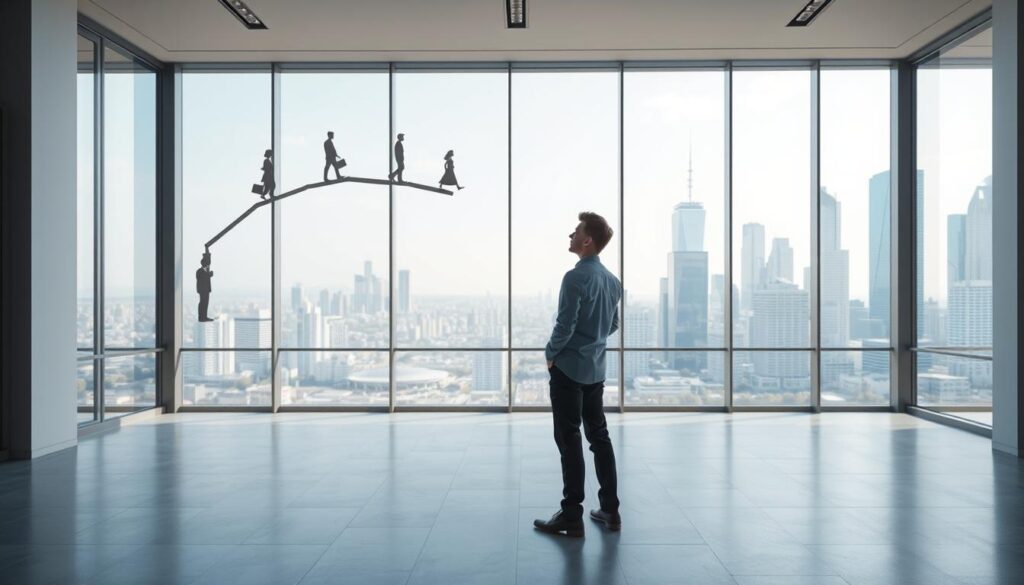 A well-lit, high-resolution 3D illustration depicting a person standing at a career crossroads, contemplating their next step. The foreground shows the individual in a thoughtful pose, gazing at a branching career path with various options represented by silhouettes. The middle ground features a clean, modern office setting with floor-to-ceiling windows, allowing natural light to flood the scene. The background showcases a bustling city skyline, symbolizing the vast possibilities and opportunities that lie ahead. The overall mood is one of contemplation, optimism, and a sense of determination to make the best choice for one's future.