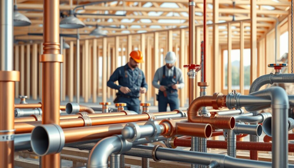 A well-lit, high-resolution 3D rendering of a construction site with a variety of plumbing and piping systems prominently featured in the foreground. The pipes are made of different materials like copper, PVC, and steel, showcasing the diverse types of plumbing work. In the middle ground, skilled plumbers in hard hats and uniforms are shown working on the pipes, using tools like wrenches, cutters, and soldering equipment. The background features the framing of a residential or commercial building, indicating the context of the plumbing work. The overall scene conveys the technical expertise, attention to detail, and hands-on nature of a plumber's job.
