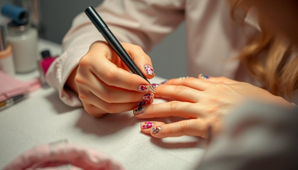 A well-lit, high-resolution close-up of a nail artist's hands meticulously applying intricate nail art designs on a client's fingernails. The nail artist's face is out of frame, emphasizing the focus on their skilled, nimble fingers as they create vibrant, imaginative patterns using an array of nail polish colors, glitters, and tiny embellishments. The client's hands are relaxed, conveying a sense of trust and tranquility as the nail artist imparts their artistic vision. The scene exudes a calming, meditative atmosphere, capturing the nail artist's deep sense of passion, dedication, and fulfillment in their craft.