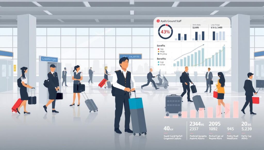 A well-lit, high-resolution illustration depicting the salary structure of airport ground staff. The image shows a clean, modern airport terminal in the background, with a foreground scene of several ground crew personnel in uniforms, engaged in various tasks like checking luggage, guiding passengers, and operating ground vehicles. The color palette is a harmonious blend of grays, blues, and whites, conveying a sense of professionalism and efficiency. The composition features a balanced mix of candid employee interactions and detailed infographic elements, such as charts and graphs, illustrating the pay grades, benefits, and career progression for this vital aviation role. The overall mood is one of informative clarity, reflecting the article's objective to thoroughly explore the compensation and career aspects of airport ground staff.