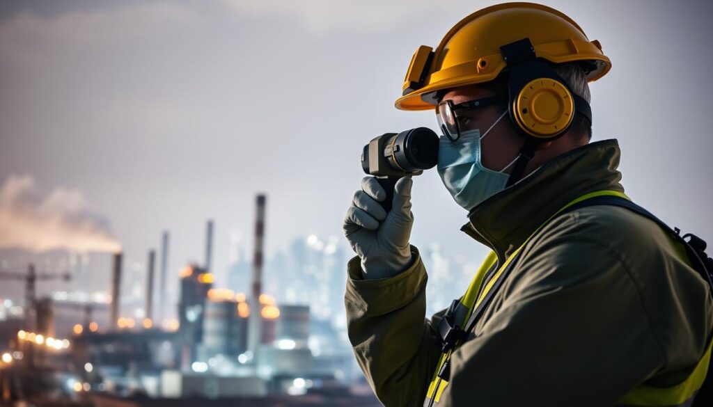 A well-lit, high-resolution image depicting the work of a professional odor assessor or "臭気判定士". In the foreground, the assessor is taking measurements and observing an industrial site, wearing personal protective equipment. In the middle ground, a factory or processing plant emits fumes and vapors. The background showcases a city skyline, hinting at the urban context of the assessor's duties. The scene conveys a sense of technical expertise, environmental awareness, and the importance of odor control in industrial and commercial settings.