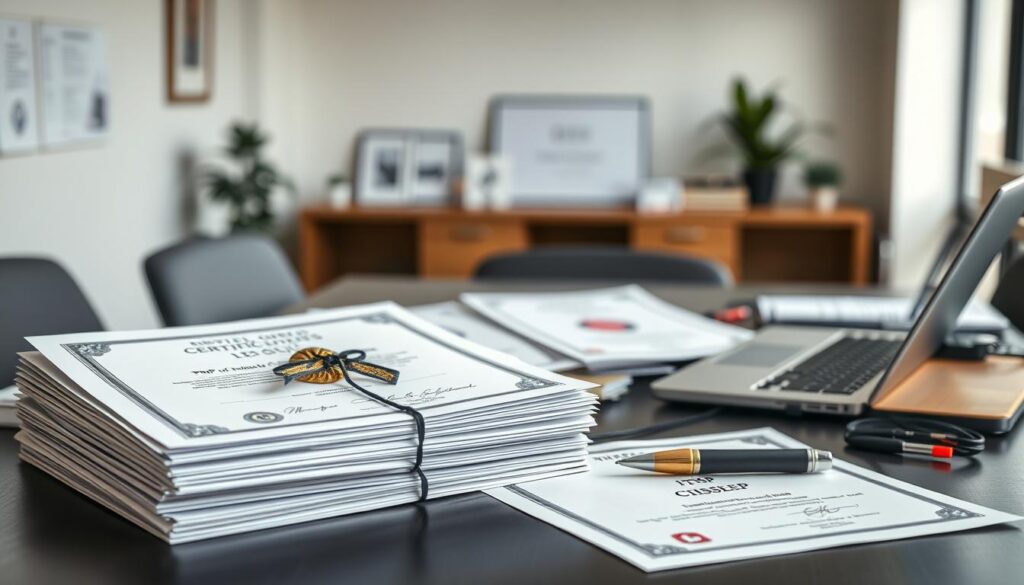 A well-lit, high-resolution image of a desk with various certifications, diplomas, and professional credentials neatly arranged. The foreground features a stack of official-looking documents with seals and signatures, alongside a selection of industry-standard certifications such as PMP, ITIL, and CISSP. The middle ground showcases a laptop, pen, and other office accessories, creating a sense of a professional work environment. The background is a subtle, blurred office setting with minimalist decor, suggesting a clean and organized workspace. The overall atmosphere conveys a sense of expertise, authority, and the importance of continuing education and professional development for an accomplished management consultant.