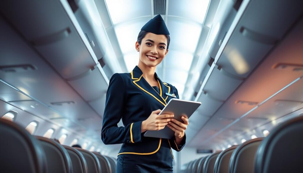 A well-lit, high-resolution image of a flight attendant standing in the aisle of an aircraft, dressed in a smart, navy blue uniform with gold trim. The attendant is holding a tablet and has a warm, professional expression, conveying the responsibilities and duties of the role. The background features the interior of the aircraft cabin, with passengers seated and overhead luggage compartments visible. The lighting is soft and natural, creating a serene, calming atmosphere. The composition places the flight attendant in the center, with the aircraft cabin elements framing the subject. The image should effectively communicate the earning potential and skilled nature of the flight attendant profession.