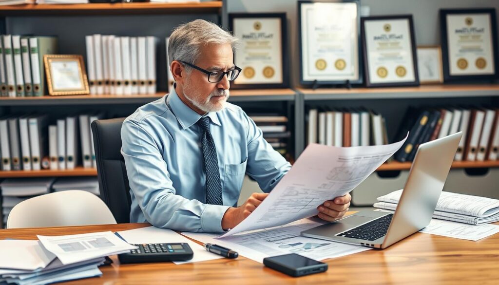 A well-lit, high-resolution image of a professional agricultural civil engineering consultant sitting at a desk, working on construction plans and cost estimates. The consultant is dressed in a crisp, collared shirt and tie, with a focused expression as they review financial documents and design schematics. The desk is neatly organized, with a laptop, calculator, and various reference materials. The background features shelves of engineering textbooks and framed industry certifications, conveying the consultant's expertise and experience. The overall scene suggests a comfortable, productive work environment that reflects the high earning potential of this specialized engineering role.