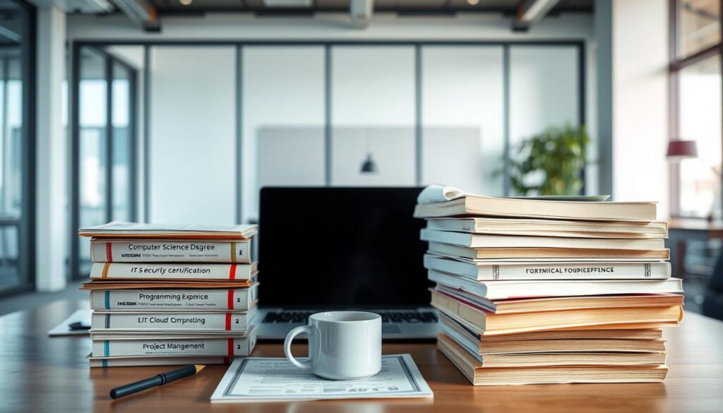 A well-lit, high-resolution image of a stack of essential certifications and qualifications for a skilled system engineer, including a computer science degree, IT security certification, programming language expertise, cloud computing proficiency, and project management skills. The foreground features the certificates arranged neatly, with a laptop, coffee mug, and other office accessories in the middle ground. The background showcases a modern, minimalist office setting with large windows, clean walls, and modern furniture. The overall composition conveys the professionalism, expertise, and versatility required for a successful system engineering career.