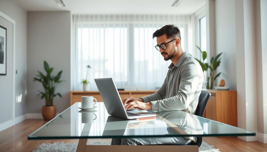 A well-lit, high-resolution image of a successful freelance professional in a modern, minimalist home office setting. The subject is sitting at a sleek, glass-top desk, intently focused on a laptop computer. The room features clean lines, natural light flooding in through large windows, and a muted color palette of grays, whites, and natural wood tones. The overall mood is one of focus, productivity, and a sense of control over one's own career path. The image conveys the ideal of a freelancer who has found the right balance between work and lifestyle, embodying the path to "フリーランスとして成功する方法".