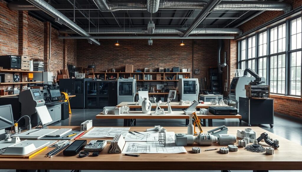 A well-lit, high-resolution image showcasing the core technical skills of an industrial designer. In the foreground, various engineering tools and prototyping equipment like CAD software, 3D printers, and CNC machines are neatly arranged. In the middle ground, sketches, wireframes, and CAD models of product designs are displayed on a large workbench, conveying the designer's creative process. The background features a modern, minimalist workshop space with exposed brick walls and ample natural lighting from large windows, setting an atmosphere of focused, innovative work. The overall composition highlights the diverse technical expertise required for effective industrial design, from digital tools to physical prototyping.
