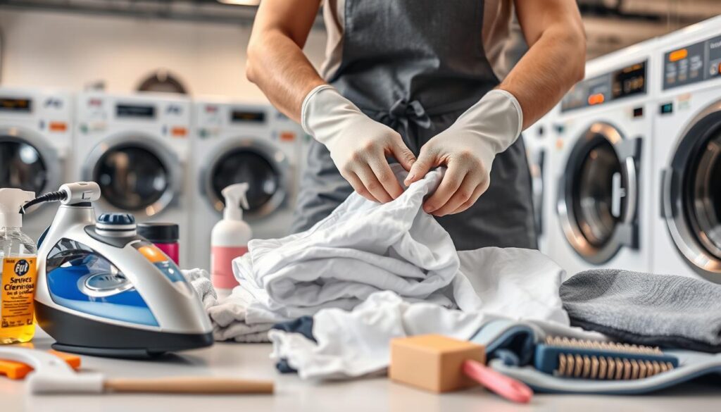 A well-lit, high-resolution image showcasing the essential skill set of a professional cleaner. In the foreground, the hands of a cleaner meticulously folding freshly laundered clothing, demonstrating their expertise in fabric care and attention to detail. In the middle ground, various cleaning tools and products, such as a steam iron, stain removers, and spot-cleaning brushes, indicating the diverse range of techniques and knowledge required. In the background, a modern, well-equipped laundry facility with state-of-the-art washers and dryers, highlighting the technological prowess and industry-specific competencies of the skilled cleaner. The overall scene conveys a sense of professionalism, efficiency, and the specialized skill set essential for excelling as a sought-after cleaning professional.