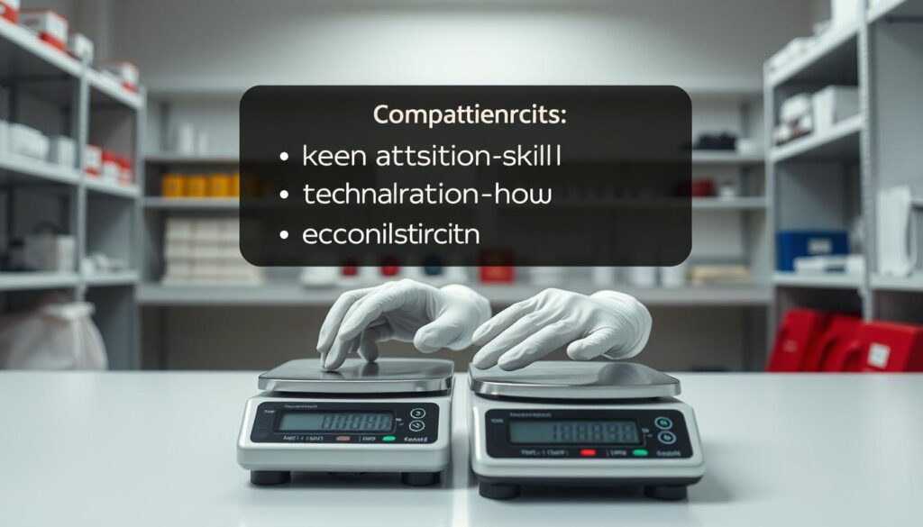 A well-lit, high-resolution image showcasing the essential skills of a meticulous, diligent weighing technician. In the foreground, a pair of precise digital scales against a clean, minimalist backdrop. Hovering above, a floating display depicting key competencies: mathematical aptitude, keen attention to detail, technical know-how, and a commitment to accuracy. In the middle ground, the technician's hands, clad in white gloves, carefully calibrating the instruments. The background features a meticulously organized laboratory setting, with shelves of calibration weights and other measurement tools. Convey a sense of professionalism, order, and the importance of the weighing technician's role in maintaining quality control.