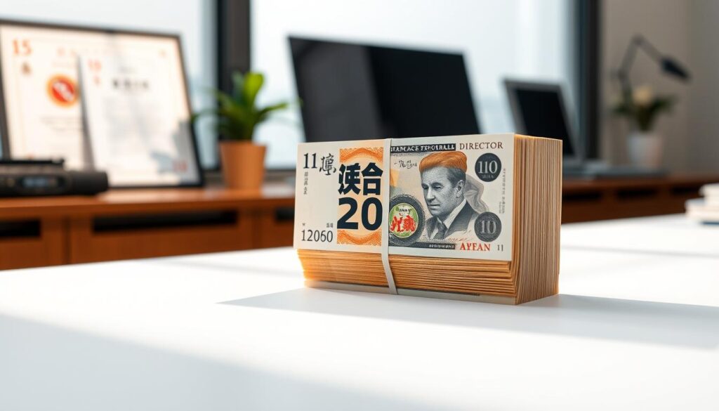 A well-lit, high-resolution photograph of a Japanese technical director's annual salary, depicted as a stack of crisp yen banknotes on a clean, minimalist desk. The bills are meticulously arranged, casting soft shadows against the matte surface. The composition emphasizes the financial magnitude of the role, capturing the prosperity and stability associated with this specialized position in the sports industry. The image exudes a sense of professionalism, success, and the gravity of the technical director's responsibilities. Subtle office decor, such as a potted plant or a framed certificate, adds context without distracting from the central focus.