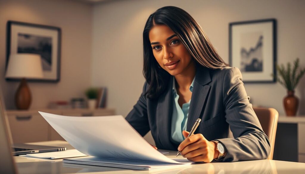 A well-lit, high-resolution photograph of a business professional sitting at a desk, thoughtfully reviewing a resume and making notes. The background is a clean, modern office setting with tasteful decor. The subject's facial expression conveys confidence and focus, suggesting they are actively preparing for a job interview. The lighting is warm and directional, creating subtle shadows and highlights that accentuate the subject's features. The framing is tight, emphasizing the subject's upper body and hands, conveying a sense of intimacy and attention to detail. The overall mood is one of professionalism, diligence, and a proactive approach to interview preparation.